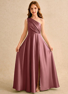 Azazie Puddles Girls Formal Blumenmädchenkleider A-Linie One-Shoulder Stretch-Satin Kleid Amethyst image5