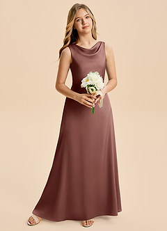 Azazie Kiki Junior Espresso A-Line Bow Stretch Satin Dress image1
