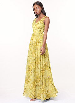Azazie Keyla Jurken voor bruidsmeisjes Jurk van Chiffon met A-Lijn V-hals geplooid Citroensorbetbloemen image2