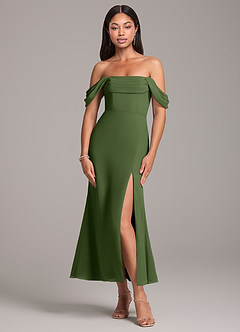 Azazie Saige Jurken voor bruidsmeisjes Converteerbaar Jurk van Chiffon met Kolom Off the Shoulder Olijf image1