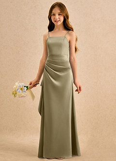 Azazie Cannoli Girls Formal vestidos de niña de las flores Vestido de Musgo Verde de Satén Elástico de Corte en A con Plisado image3