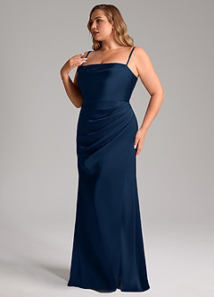 Azazie Leonis Brautjungfernkleider Wandelbar Meerjungfrau-Linie Plissee Stretch-Satin Kleid Dunkelmarine image13