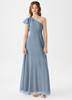 Azazie Arabella Junior Vestido de Azul Polvoriento de Gasa de Corte en A con Volante image3