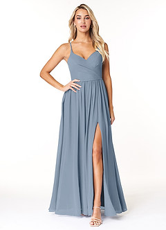 Azazie Dominic Bridesmaid Dresses Dusty Blue A-Line V-Neck Pleated Chiffon Dress image1