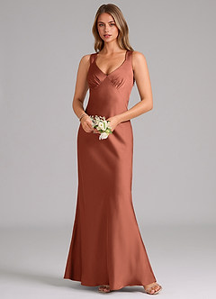 Azazie Kamila Robes de demoiselle d'honneur Robe Trapèze en Satin extensible Plissée Argile image4