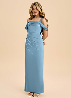 Azazie Saige Junior Robe Fourreau en Satin extensible Épaule décolletée Acier Bleuté image1