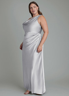 Azazie Emerson Vestidos de damas de honor Vestido Plata de Satén Metálico de Corte Sirena con Hombros descubiertos image10
