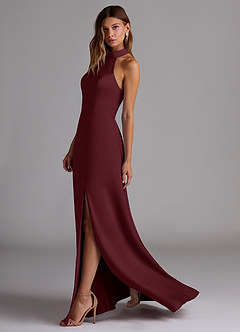 Azazie Myra Bridesmaid Dresses Cabernet A-Line Side Slit Stretch Satin Dress image5
