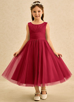 Azazie Macaron vestidos de niña de las flores Vestido Escarlata de Tul de Línea A con Plisado image3