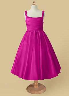 Azazie Cutie Pie Flower Girl Dresses Fuchsia A-Line Pleated Matte Satin Dress image4