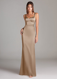 Azazie Denice Bridesmaid Dresses Taupe Sheath Pleated Stretch Satin Dress image3