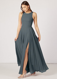 Azazie Lindie Final Sale Pewter A-Line Scoop Pleated Chiffon Dress image11