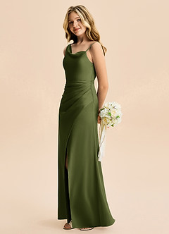 Azazie Abby Junior Olive A-Line Pleated Stretch Satin Dress image3