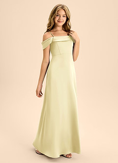 Azazie Anselie Junior Lemon Sorbet A-Line Off the Shoulder Stretch Satin Dress image5