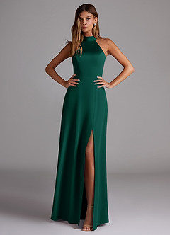 Azazie Myra Bridesmaid Dresses Emerald A-Line Side Slit Stretch Satin Dress image3