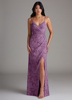 Azazie Maci Bridesmaid Dresses Wisteria Sheath Pleated Floral Burnout Dress image1