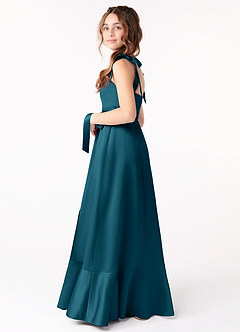 Azazie Barbara Junior Ink Blue A-Line Bow Stretch Satin Dress image2