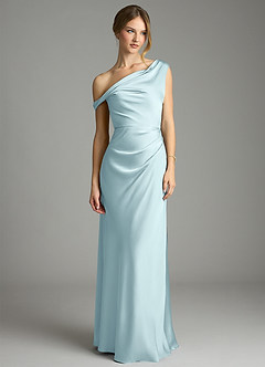 Azazie Emerson Vestidos de damas de honor Vestido Azul Nube de Satén Elástico de Corte Sirena con Hombros descubiertos image4