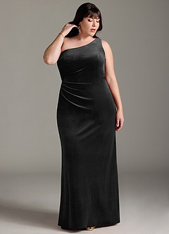 Azazie Argan Bridesmaid Dresses Black A-Line One Shoulder Pleated Velvet Dress image8