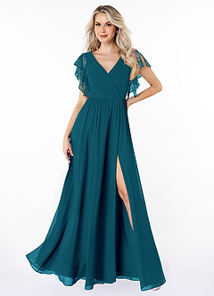 Azazie Zella Bridesmaid Dresses Ink Blue A-Line Lace Chiffon Dress image1
