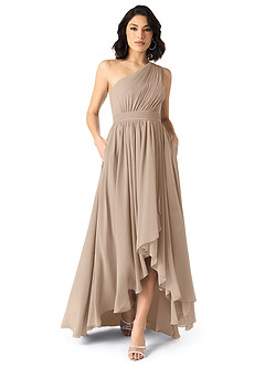 Azazie Mathilda Bridesmaid Dresses Taupe A-Line One Shoulder Chiffon Dress image2