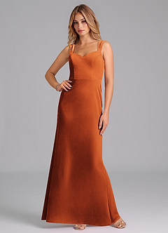 Azazie Denice Vestidos de damas de honor Vestido de Naranja Quemada de terciopelo de Corte Recto con Plisado image4