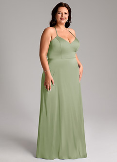 Azazie Mei Brautjungfernkleider A-Linie V-Hals Stretch-Satin Kleid Staubiger Salbeigrün image10