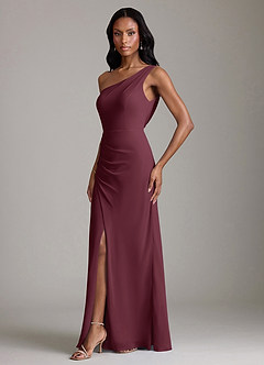 Azazie Madelyn Vestidos de damas de honor Vestido de Cabernet de Gasa de Corte Sirena Convertible con Hombro unilateral image6