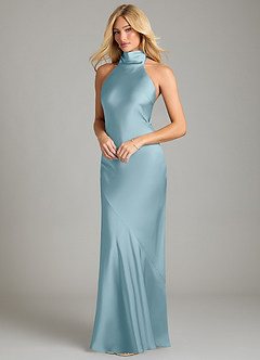 Azazie Velli Vestidos de damas de honor Vestido de Azul Malhumorado de Satén Elástico de Corte Sirena con Cuello Alto image1