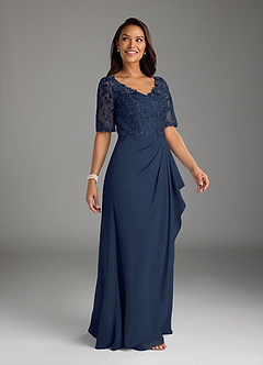 Azazie Amedeus Mother of the Bride Dresses Dark Navy A-Line V-Neck Lace Chiffon Dress image3