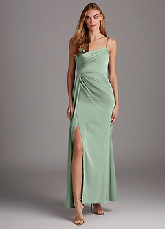 Azazie Bona Final Sale Agave A-Line V-Neck Pleated Stretch Satin Dress image3