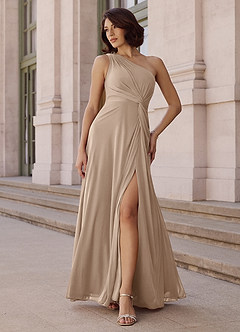 Azazie Brooke Bridesmaid Dresses Taupe A-Line One Shoulder Chiffon Dress image2