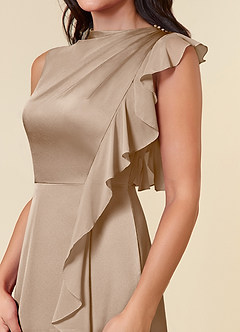 Azazie Narine Mother of the Bride Dresses Taupe A-Line High Neckline Pleated Stretch Satin Dress image4
