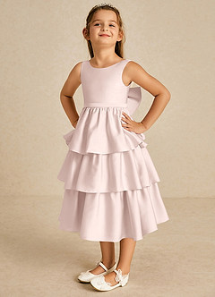 Azazie Margery Flower Girl Dresses Blushing Pink A-Line Bow Stretch Satin Dress image3