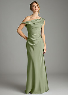 Azazie Emerson Bridesmaid Dresses Pistachio Mermaid Off the Shoulder Stretch Satin Dress image1