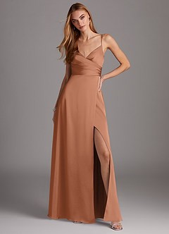 Azazie Calissa Bridesmaid Dresses Bronzer A-Line V-Neck Pleated Stretch Satin Dress image3