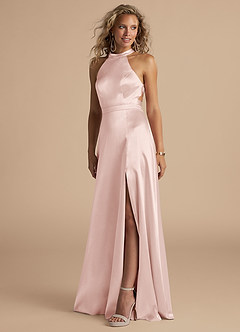 Azazie Clarice Bridesmaid Dresses Blushing Pink A-Line High Neck Metallic Satin Dress image1