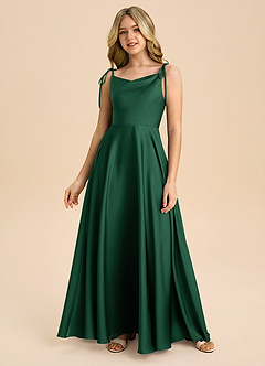 Azazie Popsy Junior Dark Green A-Line Bow Stretch Satin Dress image3