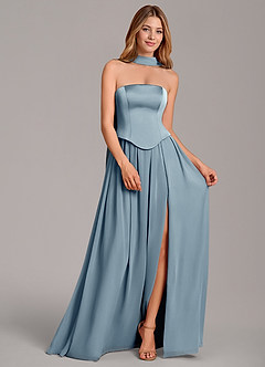 Azazie Cadence Bridesmaid Dresses Dusty Blue A-Line Corset Stretch Satin Convertible Dress image3