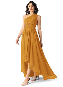 Azazie Mathilda Abiti da Damigella Abito A-Line in Chiffon Monospalla Caramello image3