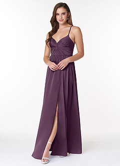 Azazie Raya Bridesmaid Dresses Plum A-Line V-Neck Pleated Stretch Satin Dress image3