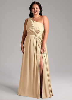 Azazie Brooke Bridesmaid Dresses Champagne A-Line One Shoulder Stretch Satin Dress image8