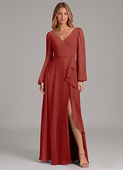 Azazie Simone Bridesmaid Dresses Terracotta A-Line Long Sleeve Chiffon Dress image3