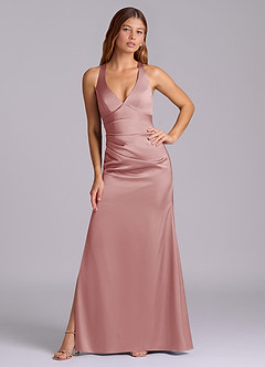 Azazie Amelie Abiti da Damigella Abito A-Line in Raso Elasticizzato Plissettato Rosa Polverosa image5