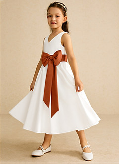 Azazie Darling Flower Girl Dresses Ivory Burnt Orange A-Line Bow Cotton Dress image3