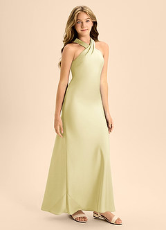 Azazie Doretta Junior Lemon Sorbet A-Line Pleated Stretch Satin Dress image6