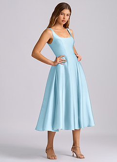 Azazie Amalie 신부 들러리 드레스 A라인 주름진 스트레치 새틴 티 길이 드레스 image4