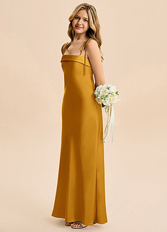 Azazie Willa Junior Robe Trapèze en Satin extensible Arc Caramel écossais image3