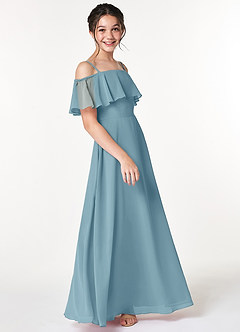 Azazie Maggie Junior Moody Blue A-Line Off the Shoulder Chiffon Dress image4
