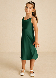 Azazie Zuzu vestidos de niña de las flores Vestido de Verde Oscuro de Satén Elástico de Corte En A con Tirante Espagueti image4